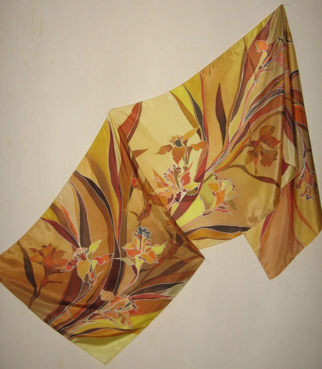 Textile Art titled "Batik scarf "Daffod…" by Lidia Cravcenco, Original Artwork, Fabric