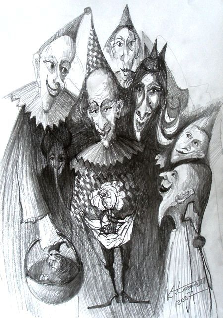 Rysunek zatytułowany „Pajace i królewna” autorstwa Krzysztof Łozowski, Oryginalna praca,