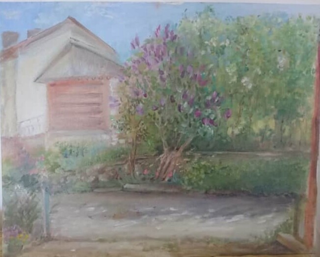 Картина под названием "Lilacs in Utena" - Christina Lao, Подлинное произведение искусства, Масло