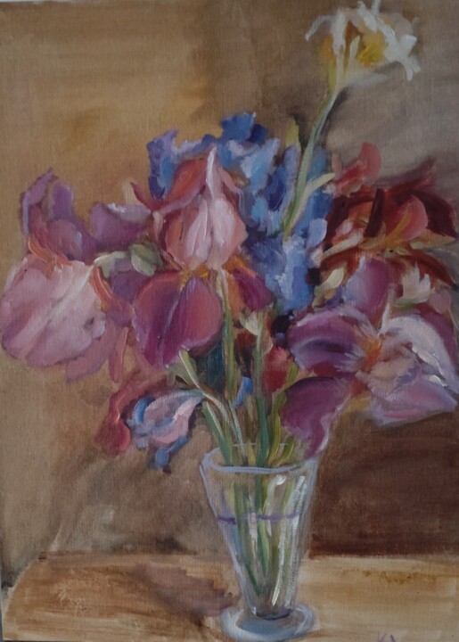 Painting titled "Irises" by Christina Lao, Original Artwork, Oil