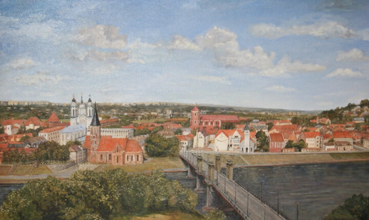 Schilderij getiteld "Kaunas old town" door Christina Lao, Origineel Kunstwerk, Olie