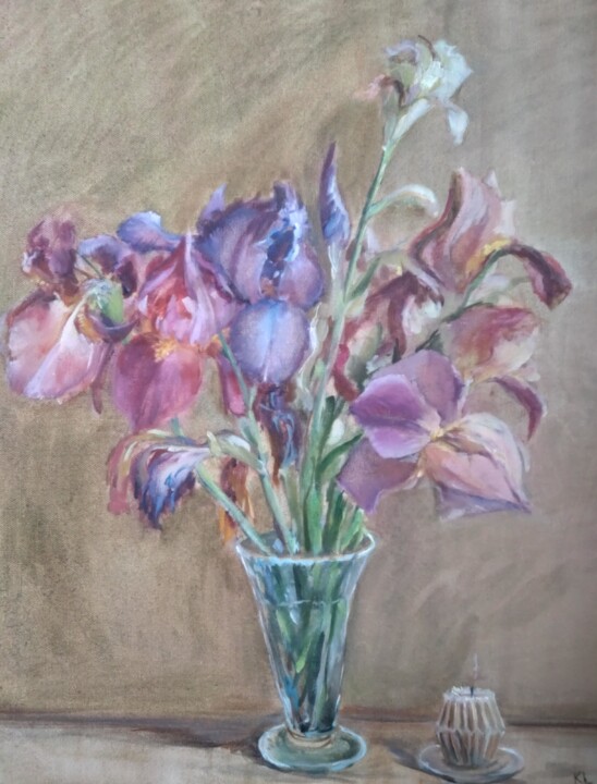 Schilderij getiteld "Irises from my gard…" door Christina Lao, Origineel Kunstwerk, Olie