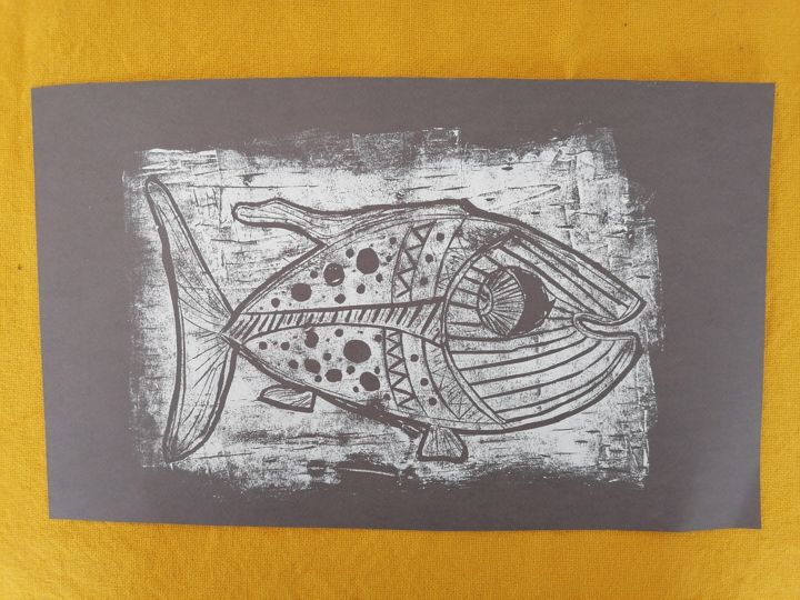 Gravures & estampes intitulée "Gael le poisson" par Claire Ferrari (klrferr), Œuvre d'art originale, Linogravures
