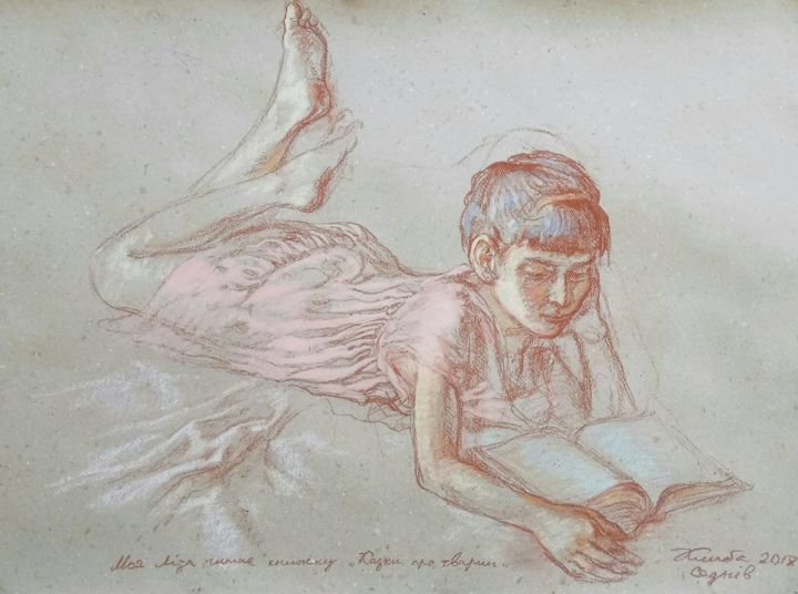 「The Girl reading a…」というタイトルの描画 Klybartgalleryによって, オリジナルのアートワーク, パステル