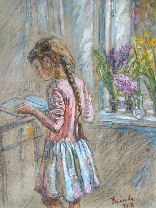 Peinture intitulée "A reading girl" par Klybartgallery, Œuvre d'art originale, Huile