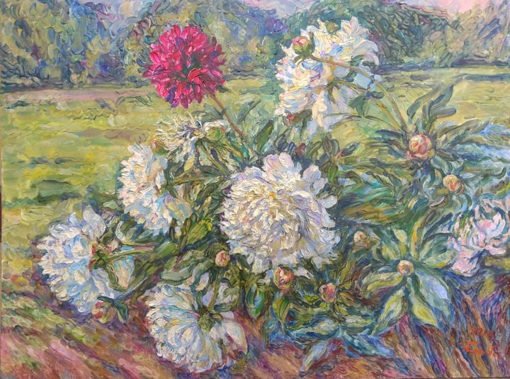 Painting titled "Bush of white peony" by Klybartgallery, Original Artwork, Oil