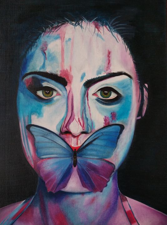 Pittura intitolato "De vlinder 1 (The b…" da Kris Nijs, Opera d'arte originale, Olio