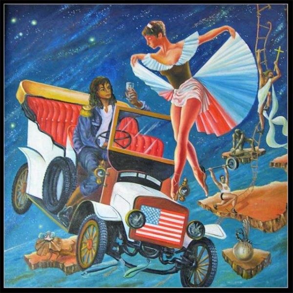 Шестое прелюбодеяние России - Painting, 56x56 cm ©1994 by Владимир Горбачев -
Surrealism, Фантастическая встреча в космосе двух культур США и России