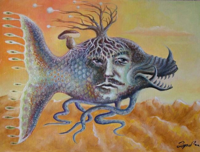 Автопортрет - Painting, 29x39 cm ©2012 by Владимир Горбачев -
Surrealism, Портрет в синтезе с рыбой, грибами, клыками, щупальцами...