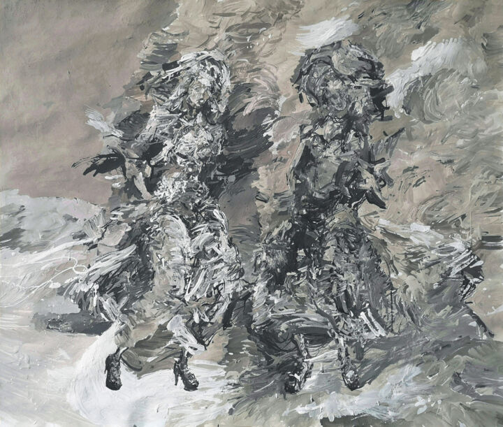 Картина под названием "Girls on a walk" - Andrei Kokarev, Подлинное произведение искусства, Темпера