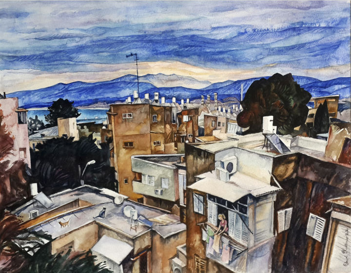 Painting titled "Haifa. View from my…" by Iuri Kodimer, Original Artwork, Watercolor