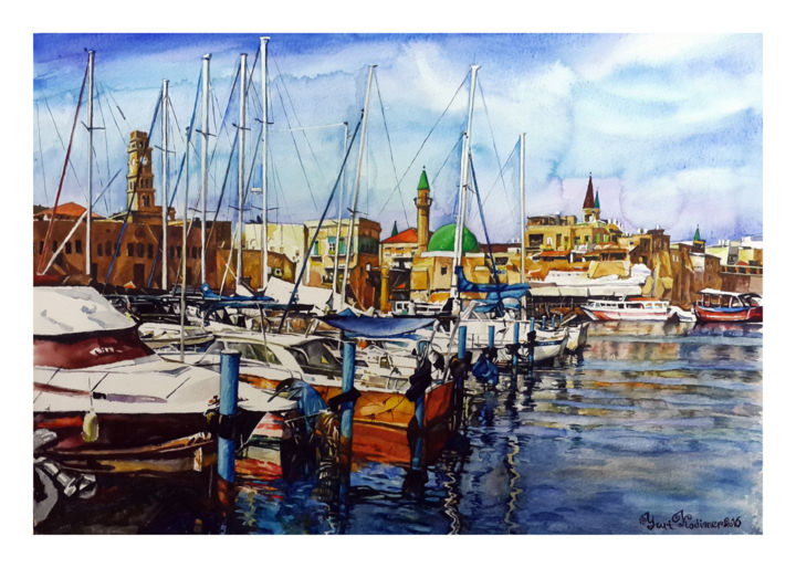 Painting titled "Ancient port of Akk…" by Iuri Kodimer, Original Artwork, Watercolor