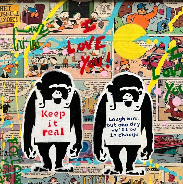 Schilderij getiteld "Monkey Sign x PopArt" door Koen Betjes, Origineel Kunstwerk, Acryl
