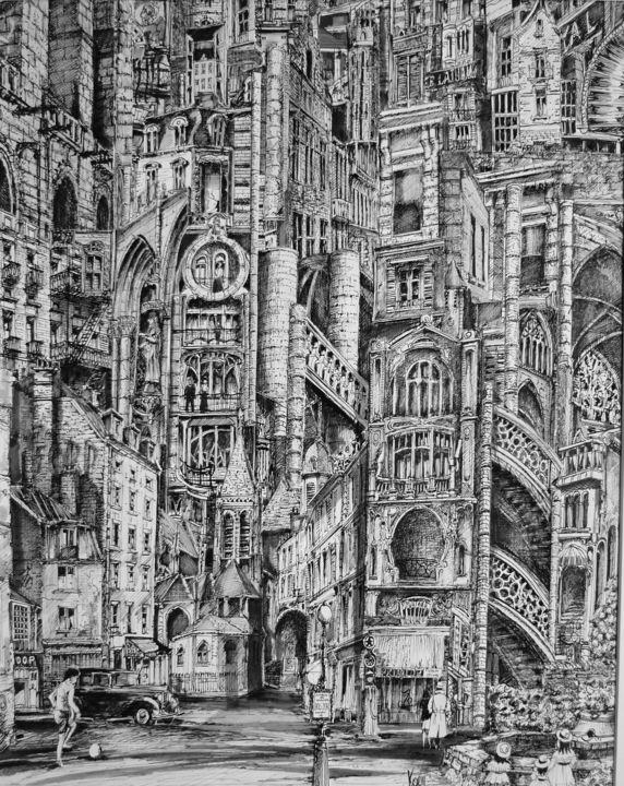 Dessin intitulée "Urbanité 1" par Koen De Weerdt, Œuvre d'art originale, Encre Monté sur Autre panneau rigide