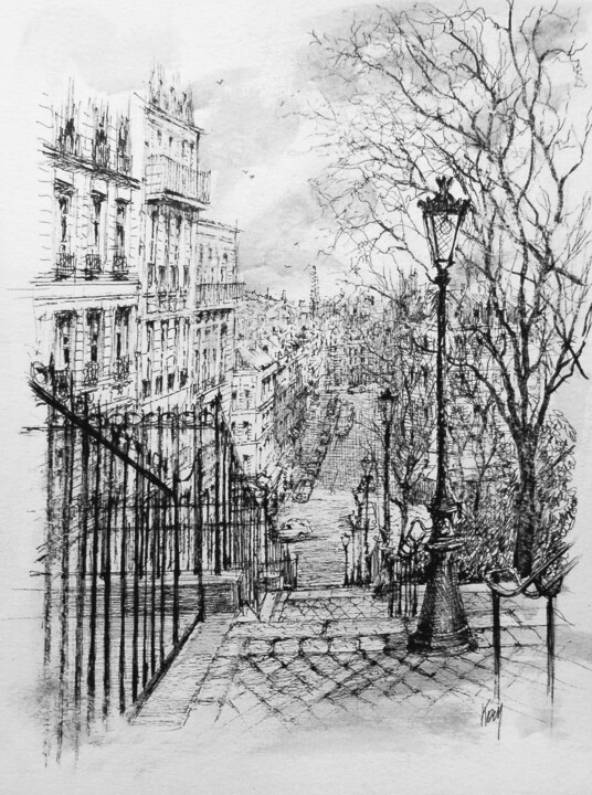Desenho intitulada "Paris Montmartre 1" por Koen De Weerdt, Obras de arte originais, Tinta Montado em Outro painel rígido