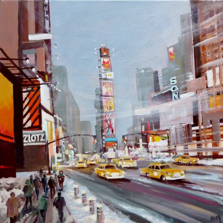 Painting titled "Neige à Times Square" by Koen De Weerdt, Original Artwork, Acrylic Mounted on Wood Stretcher frame