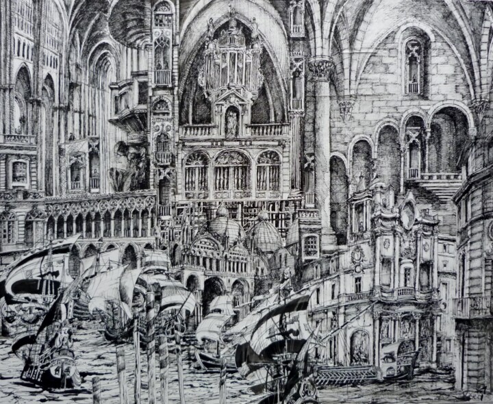 Drawing titled "Venise" by Koen De Weerdt, Original Artwork, Ink Mounted on Wood Stretcher frame