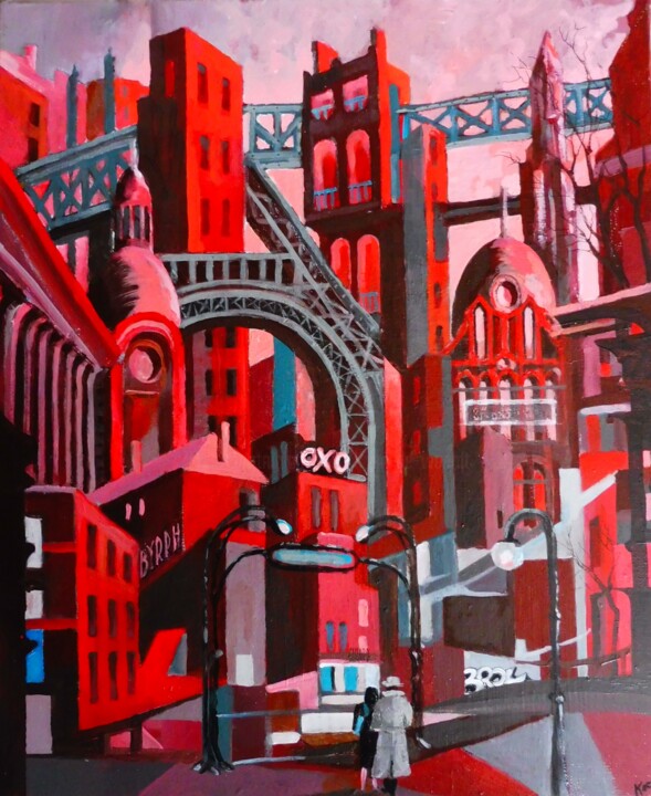 Painting titled "Red City 3" by Koen De Weerdt, Original Artwork, Acrylic Mounted on Wood Stretcher frame