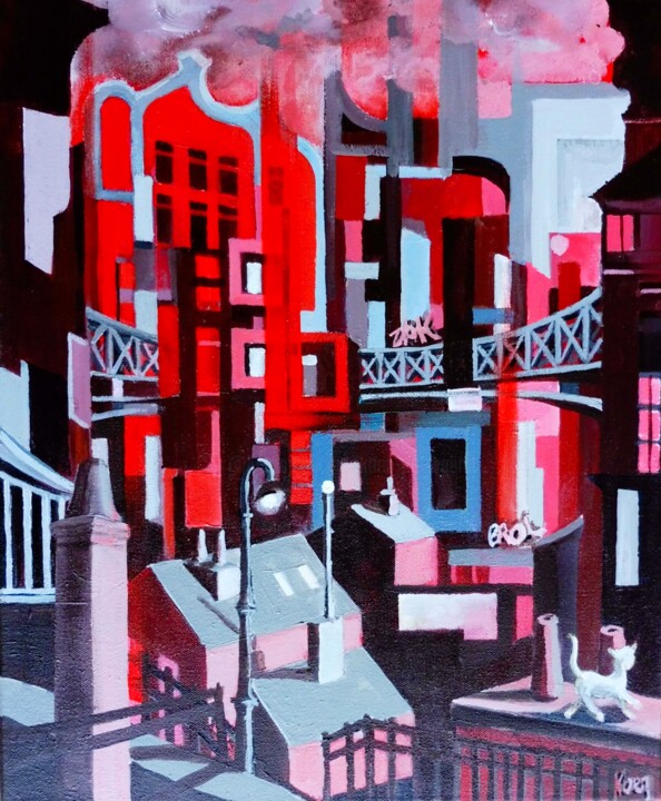 Painting titled "Red City 5" by Koen De Weerdt, Original Artwork, Acrylic