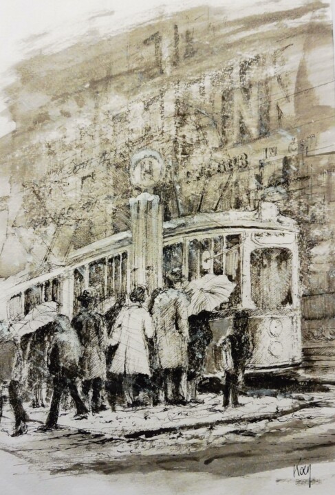Drawing titled "Tram sous la neige" by Koen De Weerdt, Original Artwork, Ink