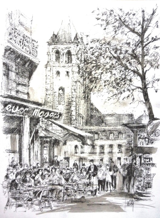 Drawing titled "Paris "Les Deux Mag…" by Koen De Weerdt, Original Artwork, Ink