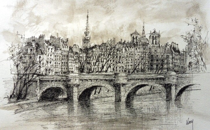 Tekening getiteld "Paris le Pont Neuf" door Koen De Weerdt, Origineel Kunstwerk, Inkt