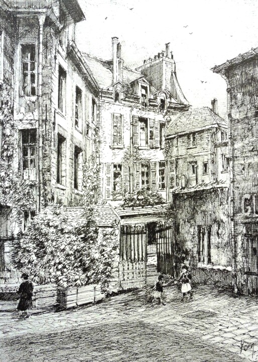 Dessin intitulée "Paris la cour de Ro…" par Koen De Weerdt, Œuvre d'art originale, Encre