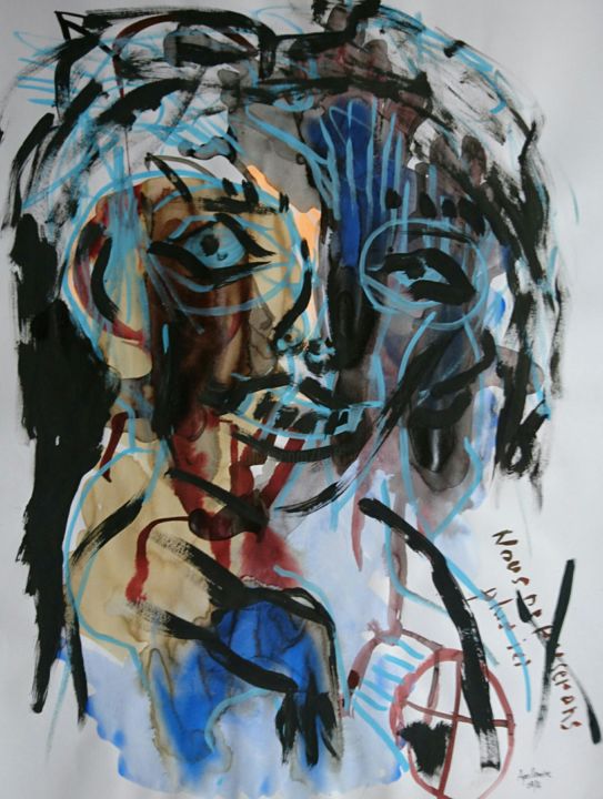 Картина под названием "Traits bleus" - Apollinaire Gbeteglo, Подлинное произведение искусства