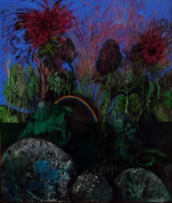 Pintura titulada "Garden with Rainbow" por Mike Healey, Obra de arte original