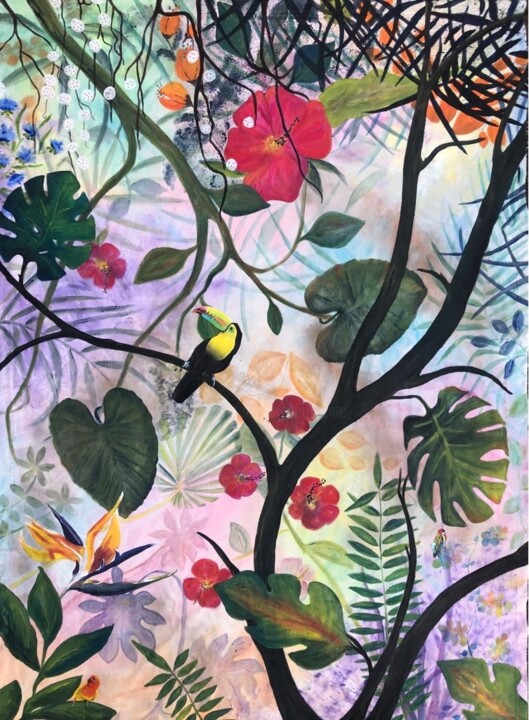 Malerei mit dem Titel "Forêt exotique" von Koki, Original-Kunstwerk, Acryl