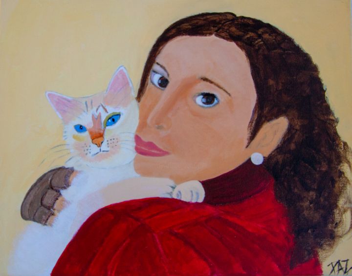 Peinture intitulée "Girl with cat" par Paz, Œuvre d'art originale, Acrylique Monté sur Châssis en bois