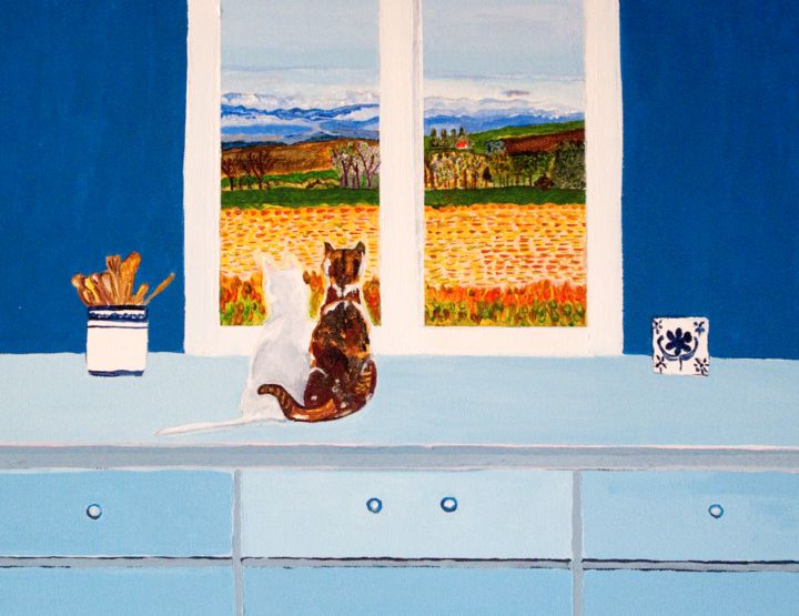 Malarstwo zatytułowany „Two cats looking at…” autorstwa Paz, Oryginalna praca, Akryl