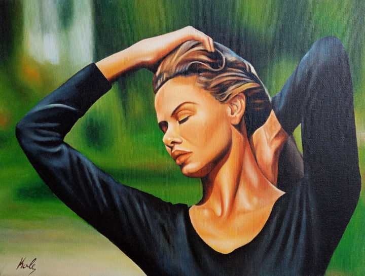 Painting titled "she" by Zoran Kostic, Original Artwork, Oil Mounted on Wood Stretcher frame