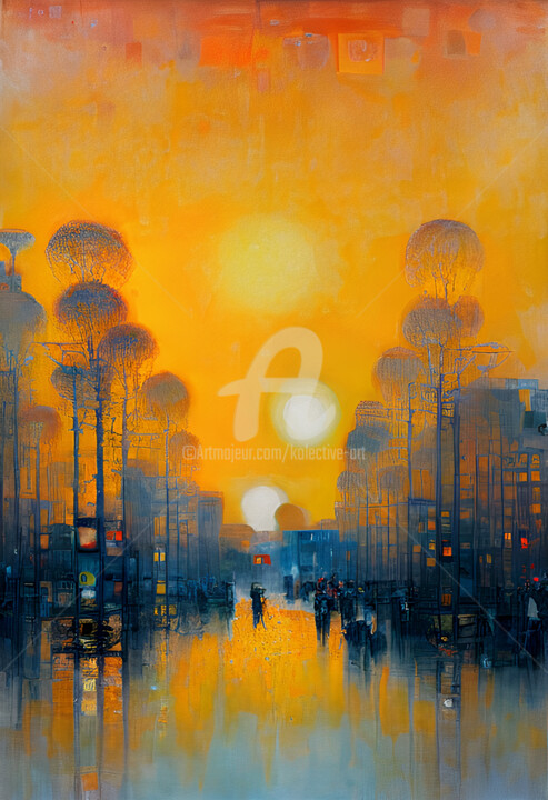 Painting titled "Sunrise in Bucharest" by Kolective Art, Original Artwork, Acrylic