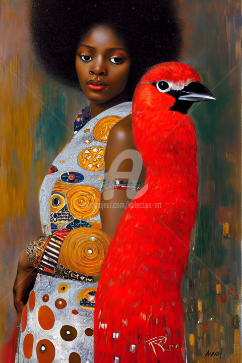 Malerei mit dem Titel "Girl with red emu." von Kolective Art, Original-Kunstwerk, Öl