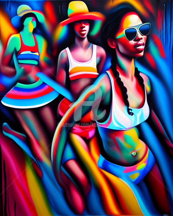 Painting titled "Beach party" by Kolective Art, Original Artwork, Oil