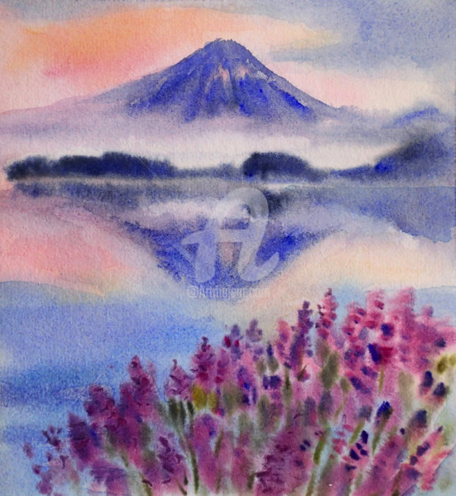 Painting titled "Landscape Mount Fuji" by Alla, Original Artwork, Watercolor