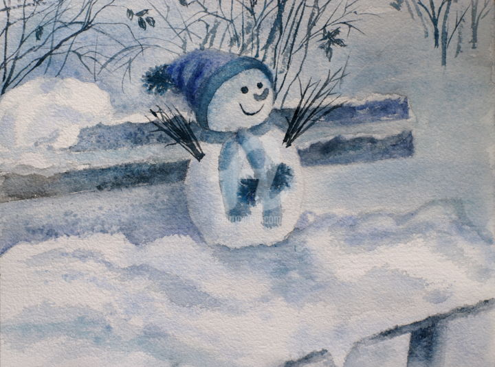 Painting titled "Snowman on the bench" by Alla, Original Artwork, Watercolor