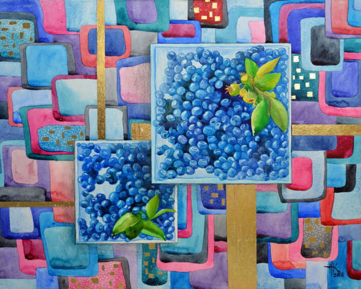 Malerei mit dem Titel "Two square blue pla…" von Zhanna Kondratenko, Original-Kunstwerk, Aquarell Auf Andere starre Platte m…