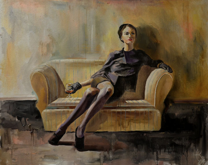 Painting titled "Woman with a glass" by Zhanna Kondratenko, Original Artwork, Oil