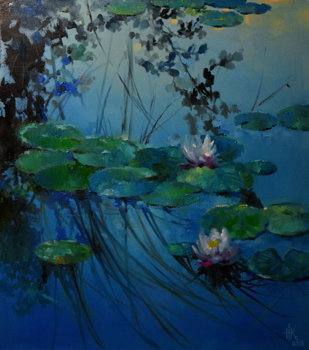 Malerei mit dem Titel "Lily pond. Early mo…" von Zhanna Kondratenko, Original-Kunstwerk, Öl