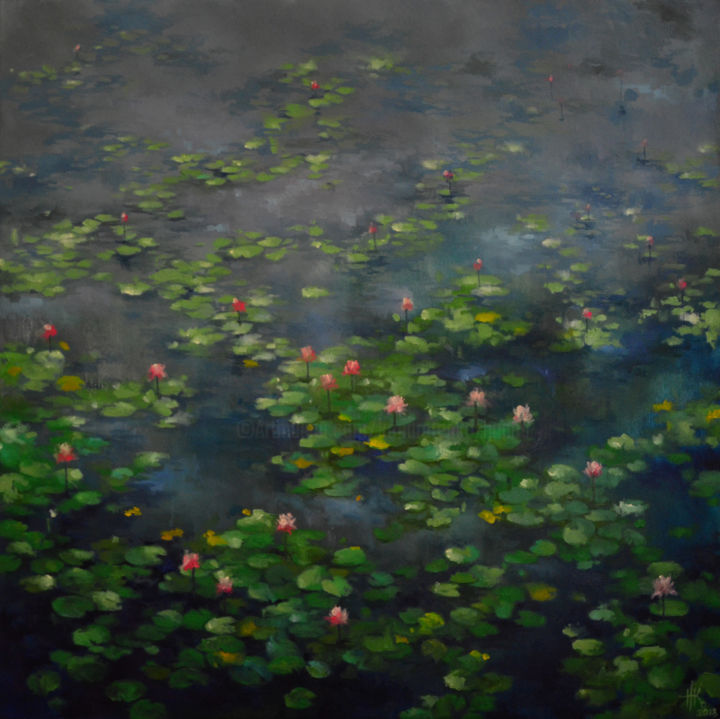 Painting titled "Lily pond. After th…" by Zhanna Kondratenko, Original Artwork, Oil