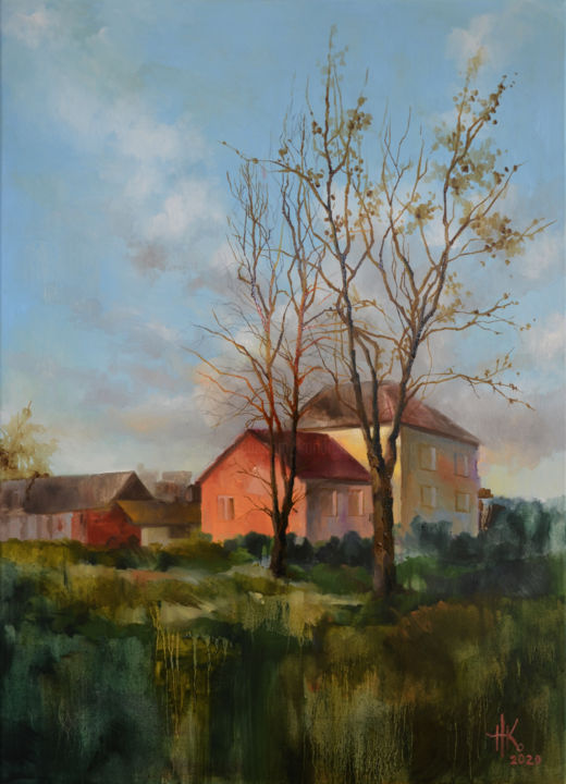 Painting titled "Spring in the villa…" by Zhanna Kondratenko, Original Artwork, Oil Mounted on Wood Stretcher frame