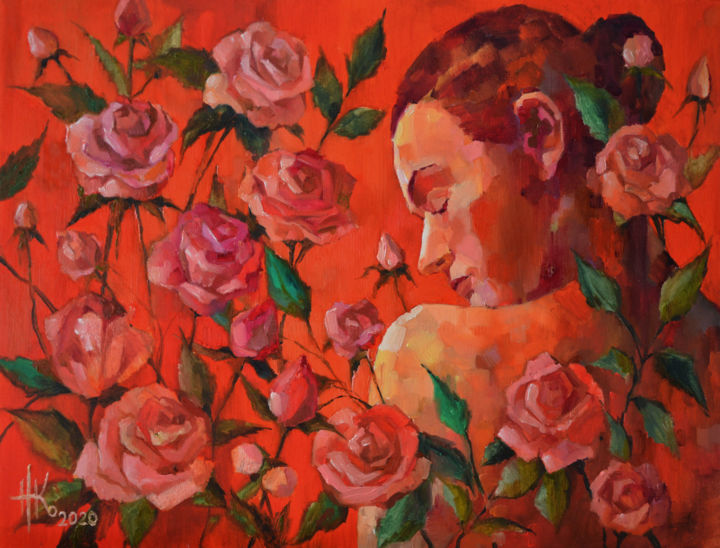 Painting titled "Rosarium" by Zhanna Kondratenko, Original Artwork, Oil Mounted on Cardboard