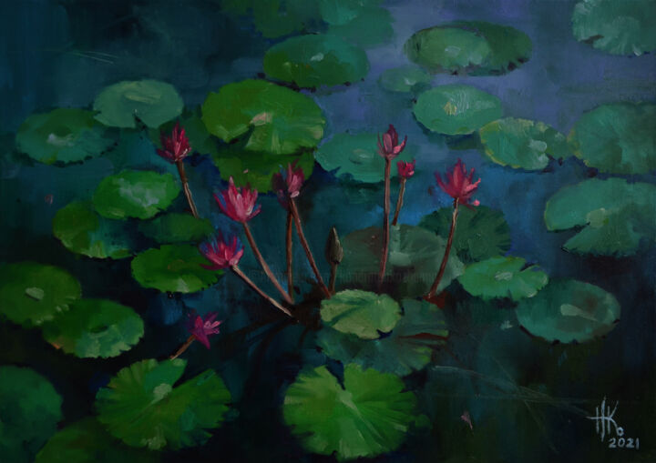 Pintura titulada "Lily pond. Equilibr…" por Zhanna Kondratenko, Obra de arte original, Oleo Montado en artwork_cat.