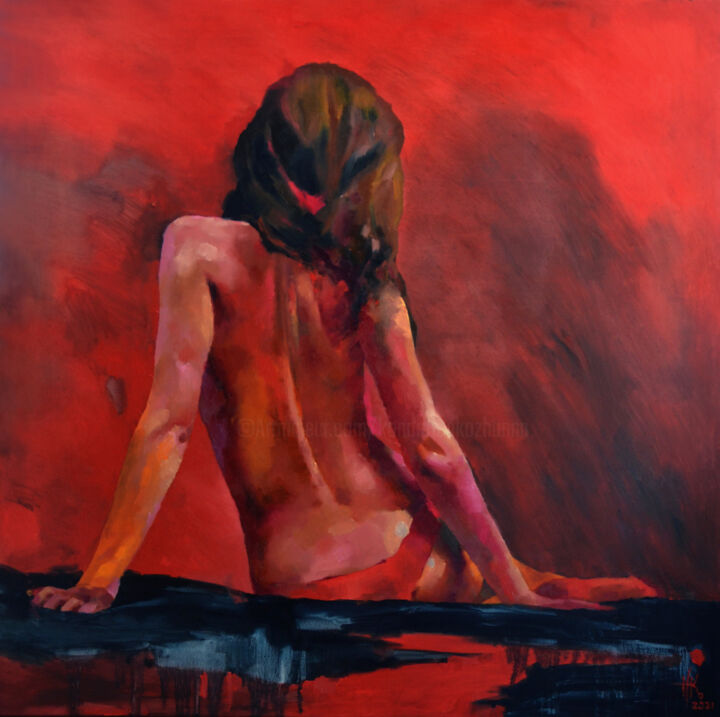 Painting titled "Red Room" by Zhanna Kondratenko, Original Artwork, Oil Mounted on Wood Stretcher frame