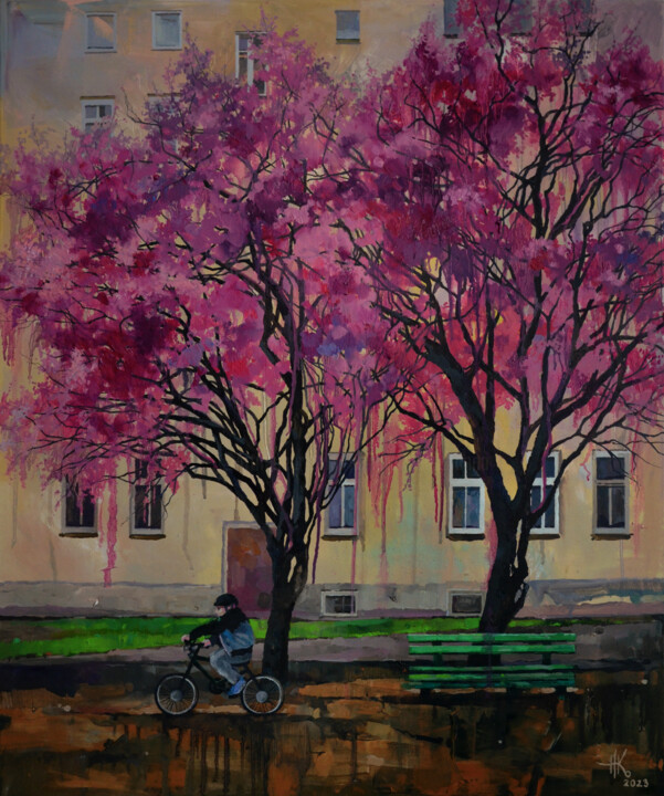 Painting titled "Blossoming. Cyclist" by Zhanna Kondratenko, Original Artwork, Oil Mounted on Wood Stretcher frame