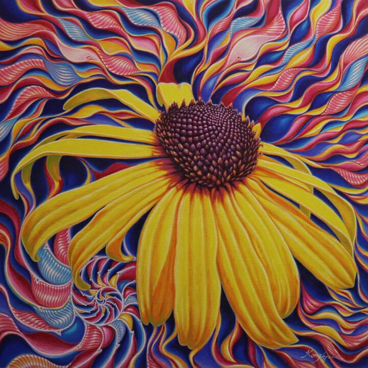 Painting titled "Sun-Scripted Oscill…" by Kong Ho, Original Artwork, Acrylic Mounted on Wood Stretcher frame