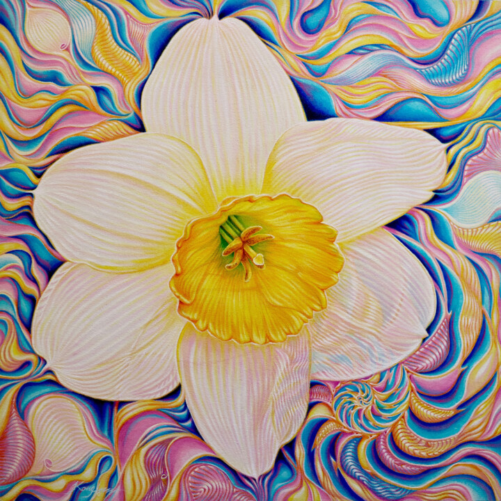 Peinture intitulée "Glowing Daffodil Co…" par Kong Ho, Œuvre d'art originale, Acrylique Monté sur Châssis en bois