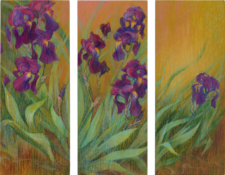 Painting titled "LES IRIS" by Konoko, Original Artwork, Oil Mounted on Wood Panel